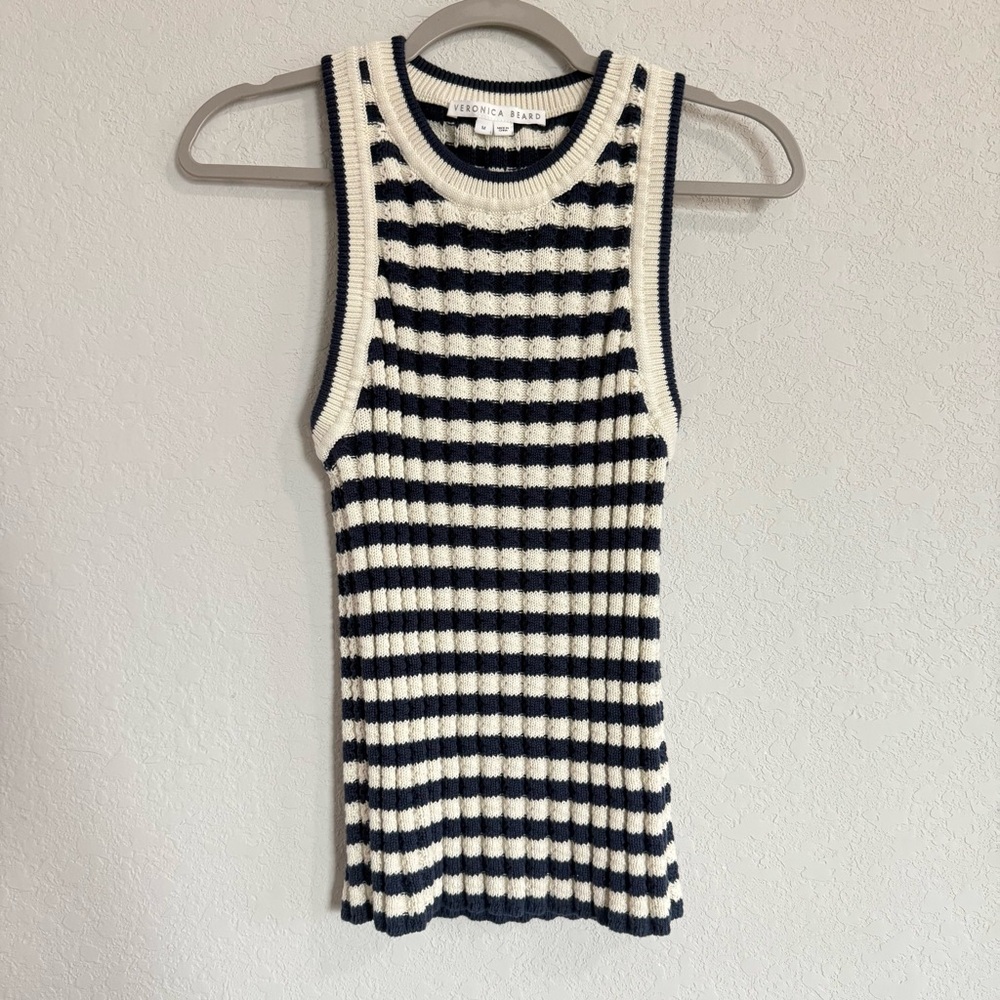 Veronica Beard Jerrel Striped Ribbed Cotton Tank Medium